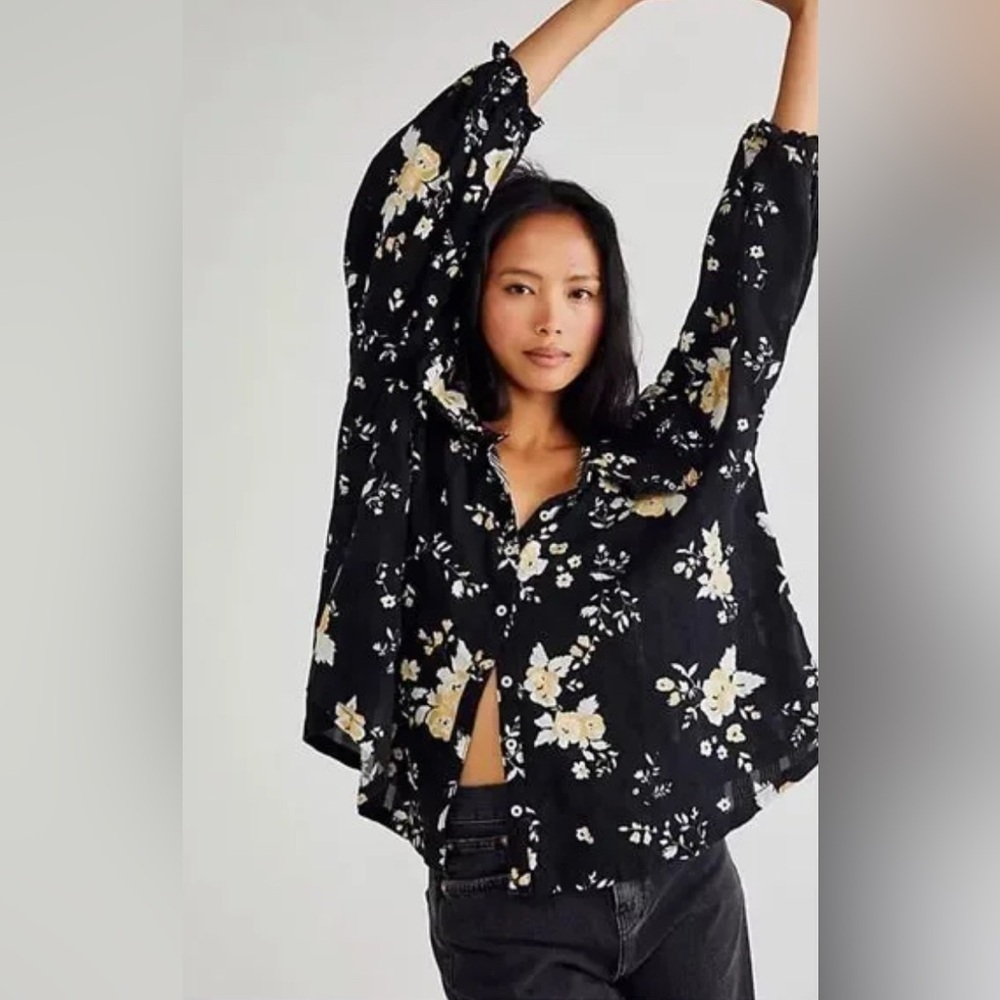Free People Floral Blushing Blossom Black Blouse